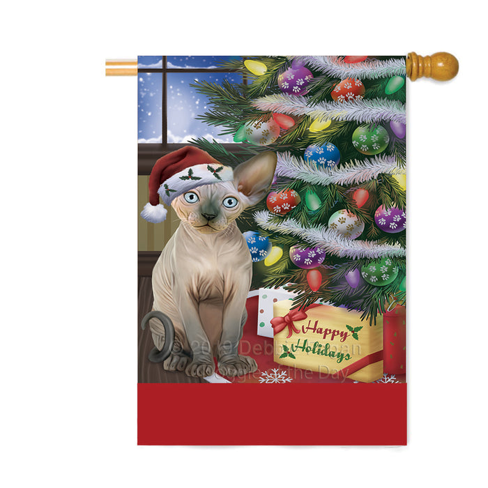 Personalized Christmas Happy Holidays Sphynx Cat with Tree and Presents Custom House Flag FLG-DOTD-A58727