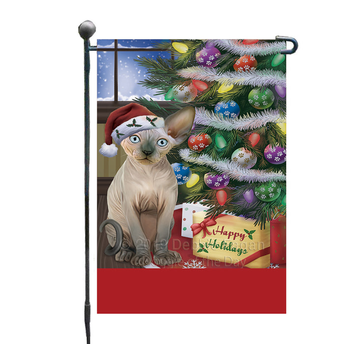 Personalized Christmas Happy Holidays Sphynx Cat with Tree and Presents Custom Garden Flags GFLG-DOTD-A58671