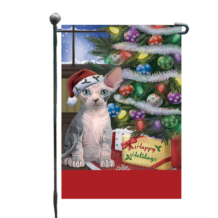 Personalized Christmas Happy Holidays Sphynx Cat with Tree and Presents Custom Garden Flags GFLG-DOTD-A58672