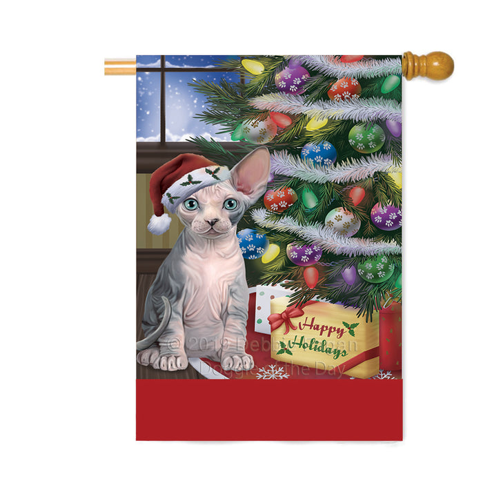 Personalized Christmas Happy Holidays Sphynx Cat with Tree and Presents Custom House Flag FLG-DOTD-A58728