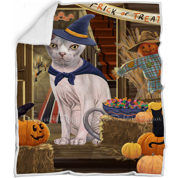 Enter at Own Risk Trick or Treat Halloween Sphynx Cat Blanket BLNKT97077