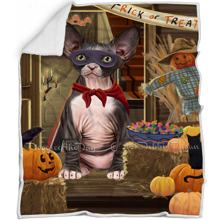 Enter at Own Risk Trick or Treat Halloween Sphynx Cat Blanket BLNKT97086