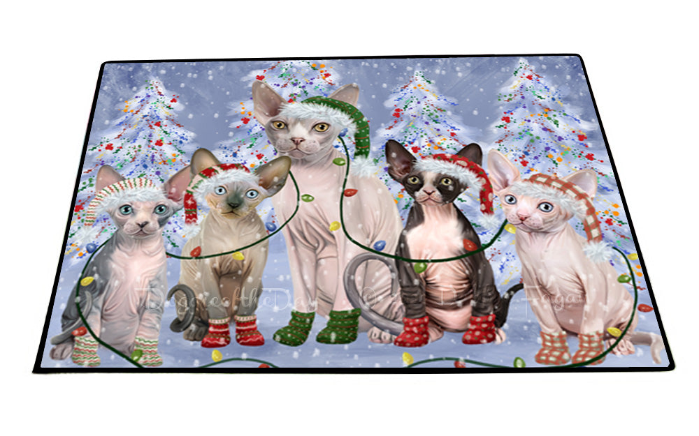 Christmas Lights and Sphynx Cats Floor Mat- Anti-Slip Pet Door Mat Indoor Outdoor Front Rug Mats for Home Outside Entrance Pets Portrait Unique Rug Washable Premium Quality Mat
