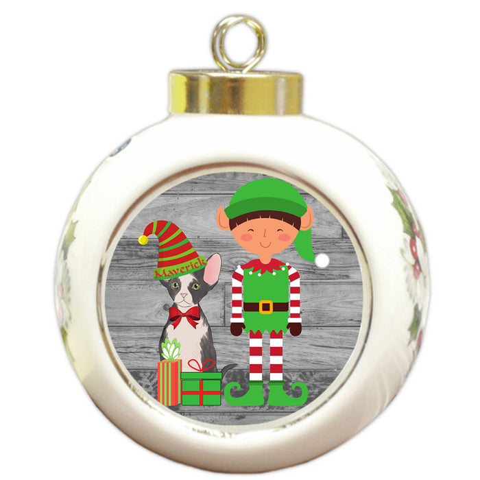 Custom Personalized Sphynx Cat Elfie and Presents Christmas Round Ball Ornament
