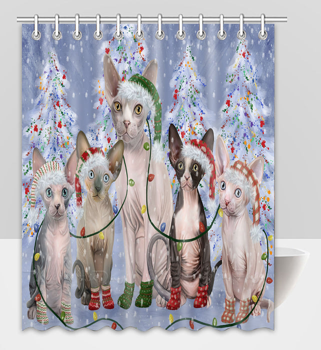 Christmas Lights and Sphynx Cats Shower Curtain Pet Painting Bathtub Curtain Waterproof Polyester One-Side Printing Decor Bath Tub Curtain for Bathroom with Hooks