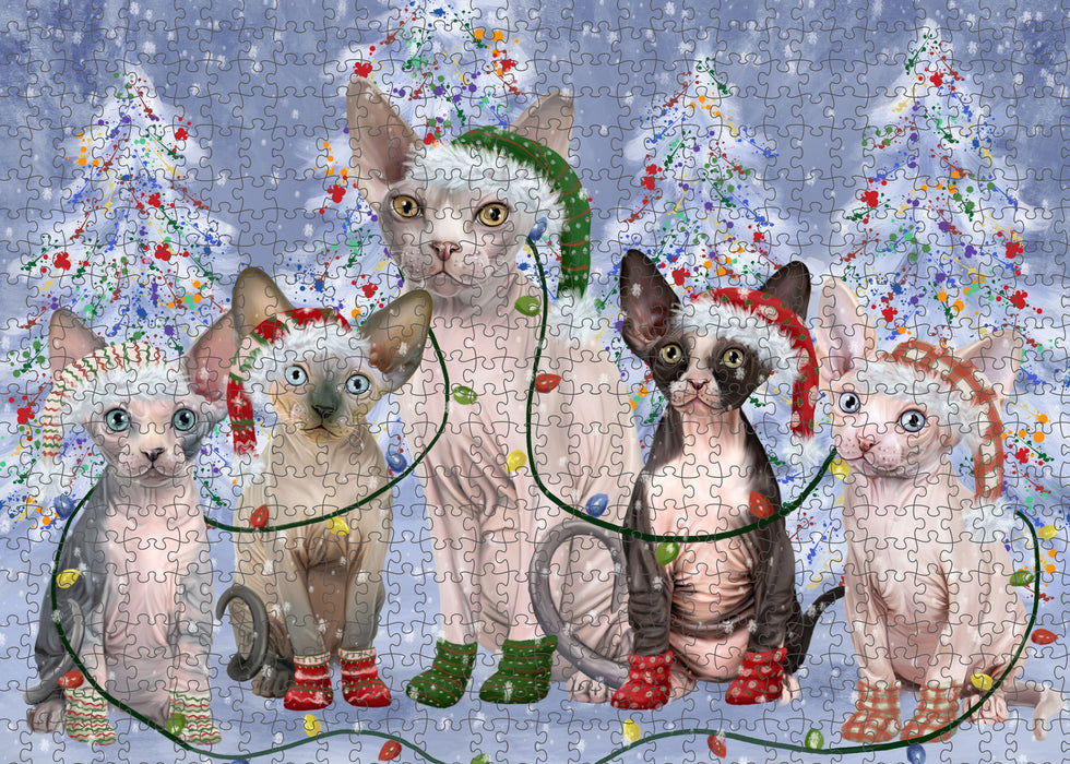 Christmas Lights and Sphynx Cats Portrait Jigsaw Puzzle for Adults Animal Interlocking Puzzle Game Unique Gift for Dog Lover's with Metal Tin Box