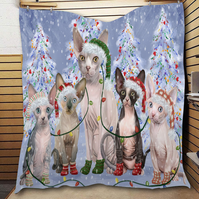Christmas Lights and Sphynx Cats  Quilt Bed Coverlet Bedspread - Pets Comforter Unique One-side Animal Printing - Soft Lightweight Durable Washable Polyester Quilt