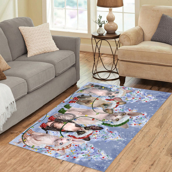 Christmas Lights and Sphynx Cats Area Rug - Ultra Soft Cute Pet Printed Unique Style Floor Living Room Carpet Decorative Rug for Indoor Gift for Pet Lovers