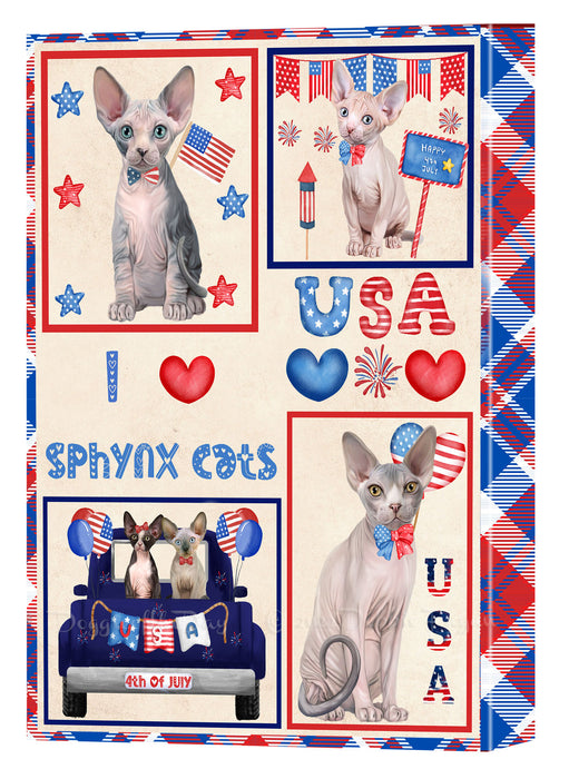 4th of July Independence Day I Love USA Sphynx Cats Canvas Wall Art - Premium Quality Ready to Hang Room Decor Wall Art Canvas - Unique Animal Printed Digital Painting for Decoration