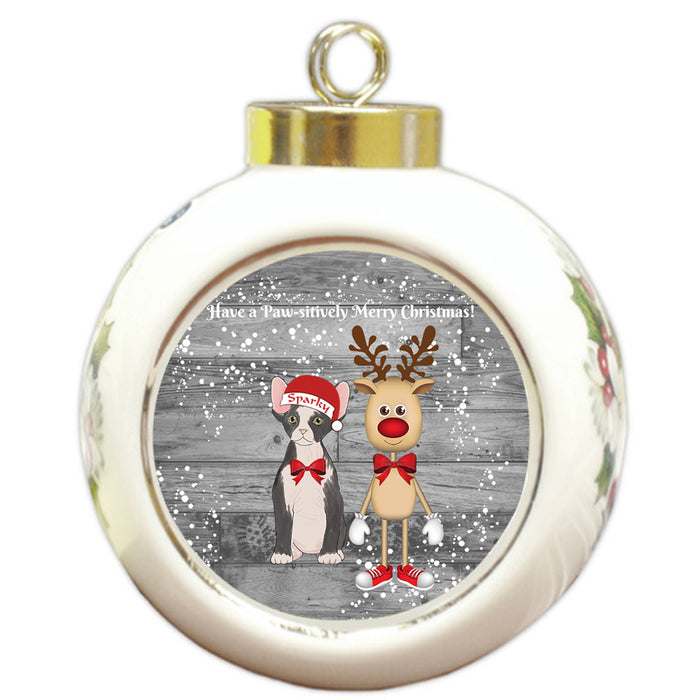 Custom Personalized Sphynx Cat Reindeer and Pooch Christmas Round Ball Ornament