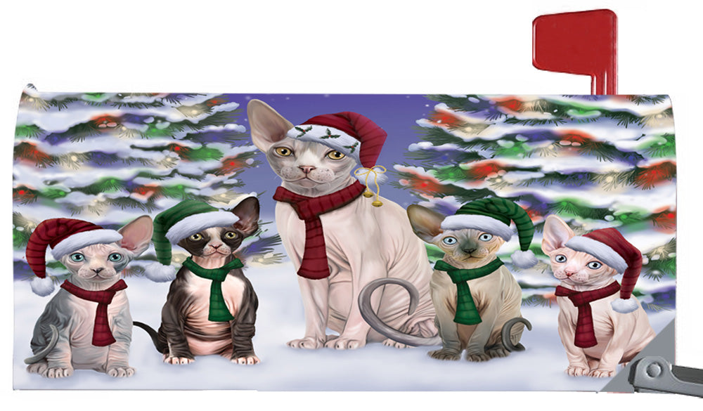 Magnetic Mailbox Cover Sphynx Cats Christmas Family Portrait in Holiday Scenic Background MBC48258