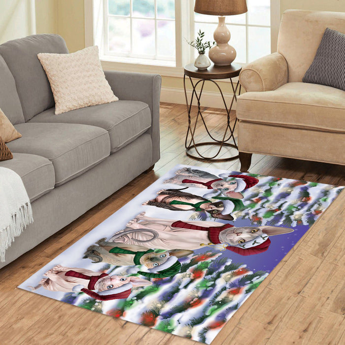 Sphynx Cats Christmas Family Portrait in Holiday Scenic Background Area Rug