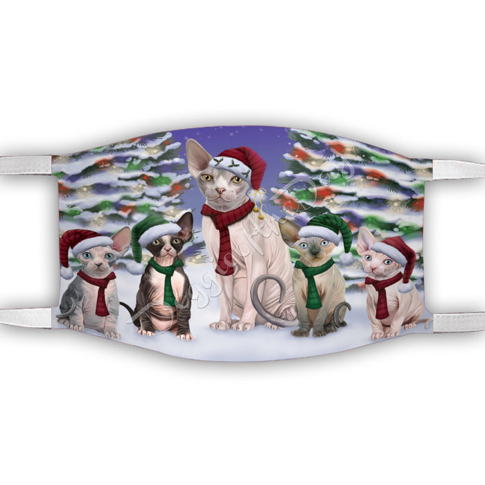Sphynx Cats Christmas Family Portrait in Holiday Scenic Background Face Mask FM48382