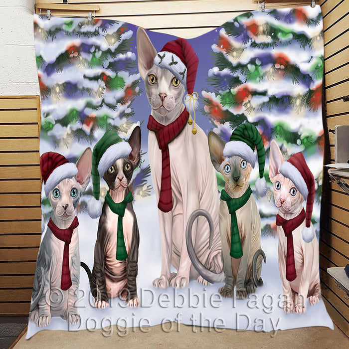 Sphynx Cats Christmas Family Portrait in Holiday Scenic Background Quilt