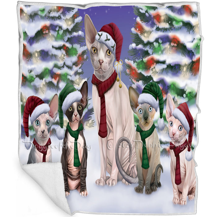 Sphynx Cats Christmas Family Portrait in Holiday Scenic Background  Blanket BLNKT90768
