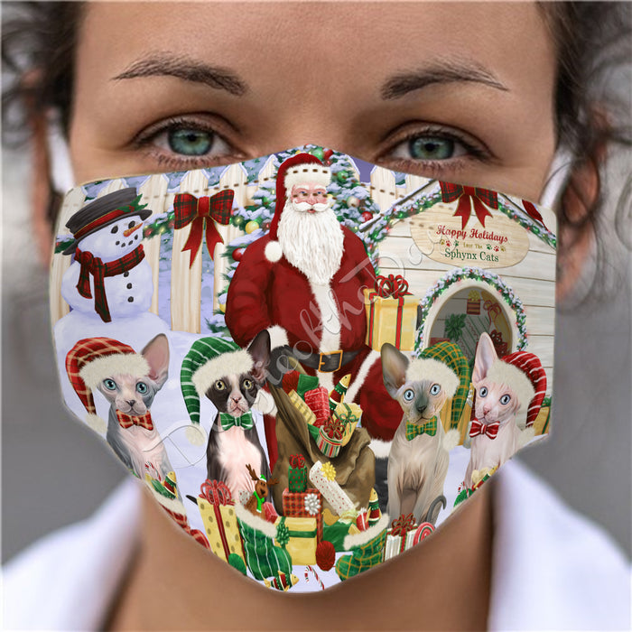 Happy Holidays Christmas Sphynx Cats House Gathering Face Mask FM48286