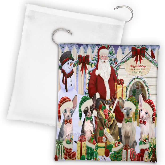 Happy Holidays Christmas Sphynx Cats House Gathering Drawstring Laundry or Gift Bag LGB48084