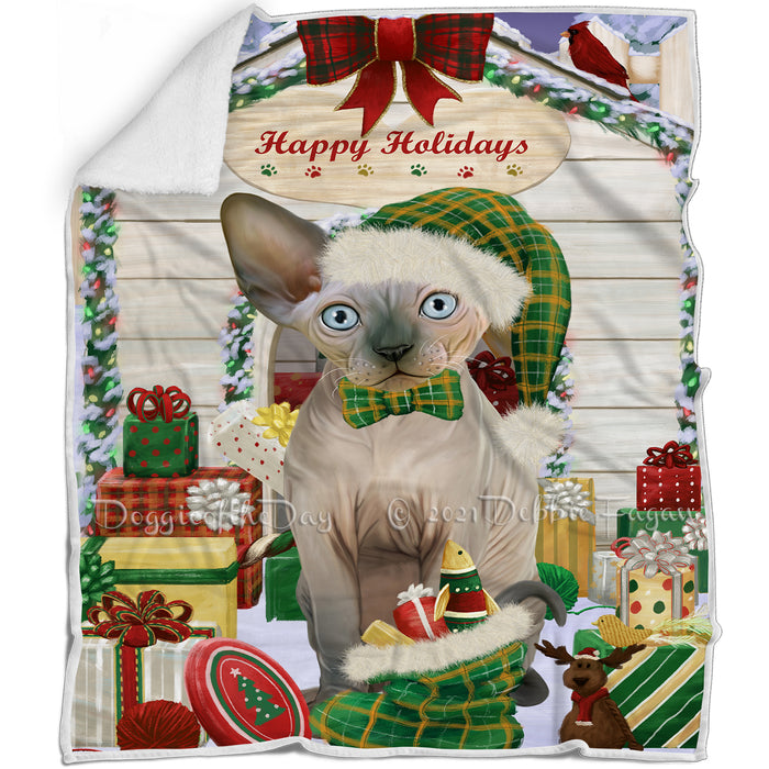 Happy Holidays Christmas Sphynx Cat House with Presents Blanket BLNKT142114