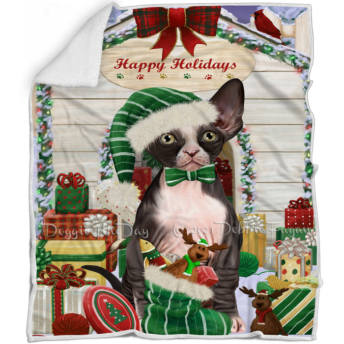 Happy Holidays Christmas Sphynx Cat House with Presents Blanket BLNKT142115