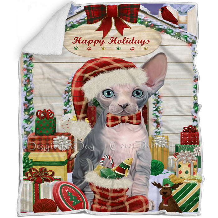Happy Holidays Christmas Sphynx Cat House with Presents Blanket BLNKT142116