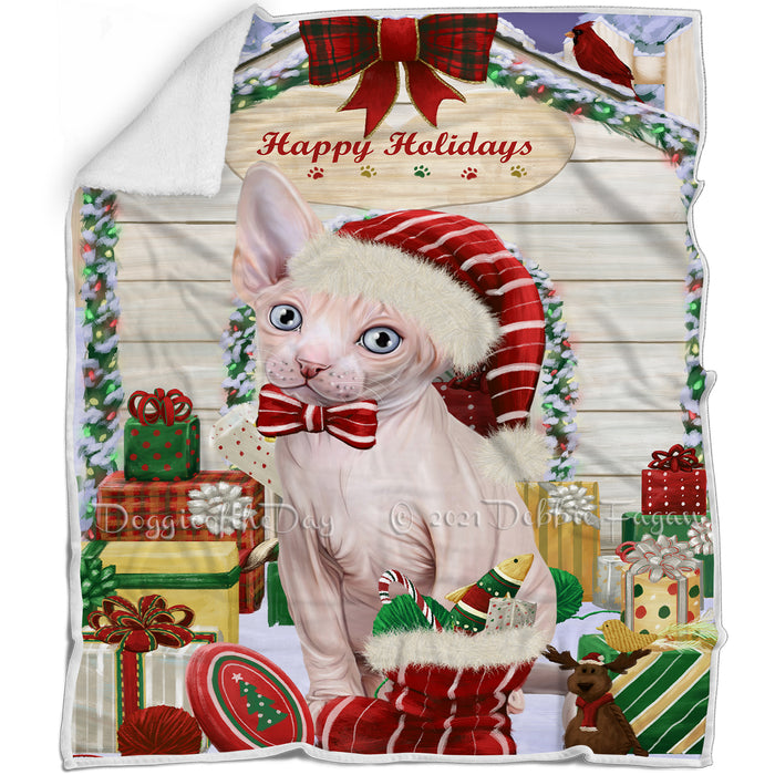 Happy Holidays Christmas Sphynx Cat House with Presents Blanket BLNKT142117