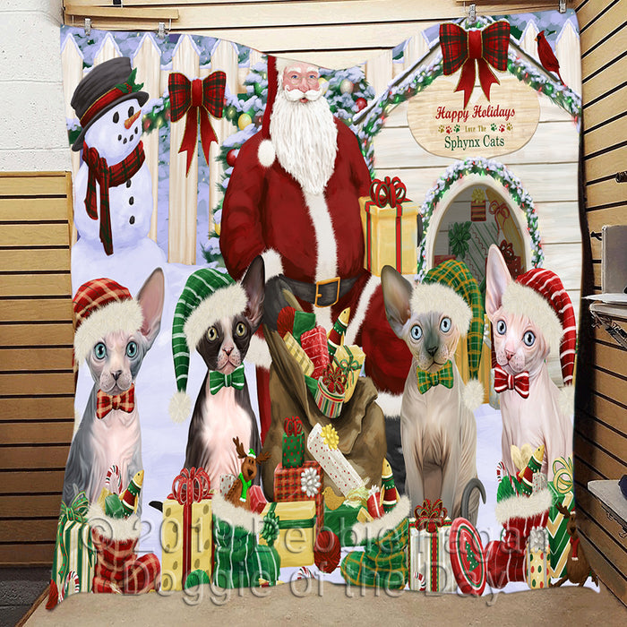 Happy Holidays Christmas Sphynx Cats House Gathering Quilt