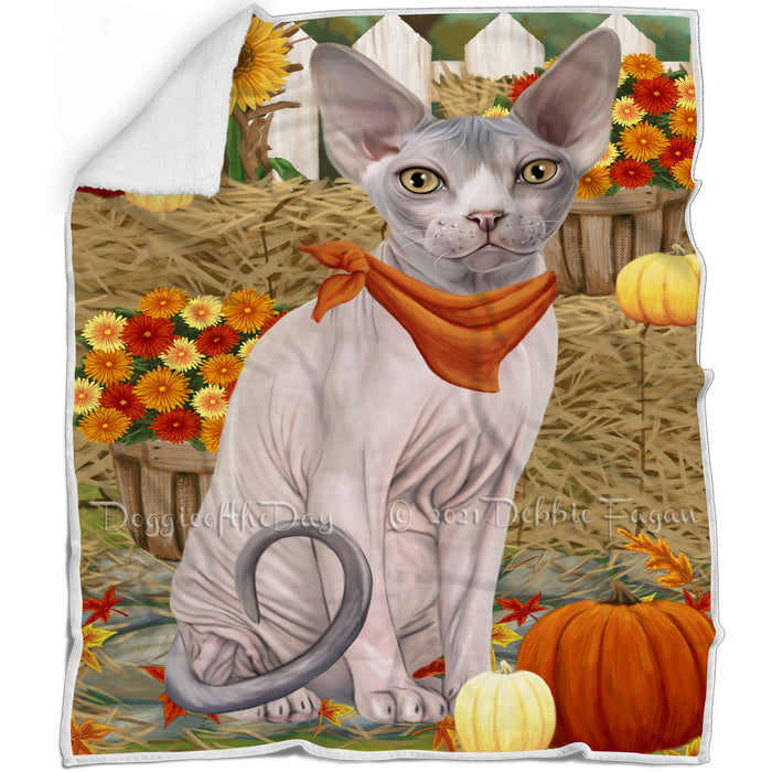 Fall Autumn Greeting Sphynx Cat with Pumpkins Blanket BLNKT87402