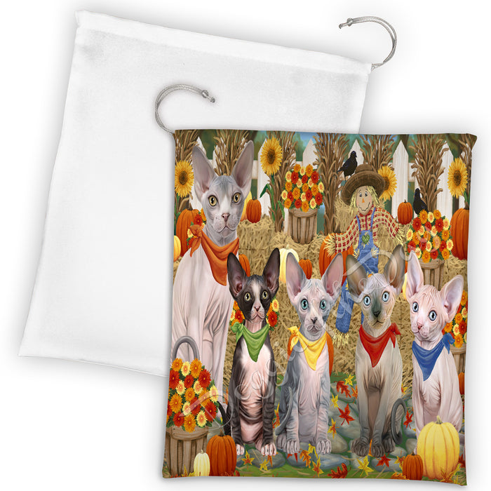 Fall Festive Harvest Time Gathering Sphynx Cats Drawstring Laundry or Gift Bag LGB48442