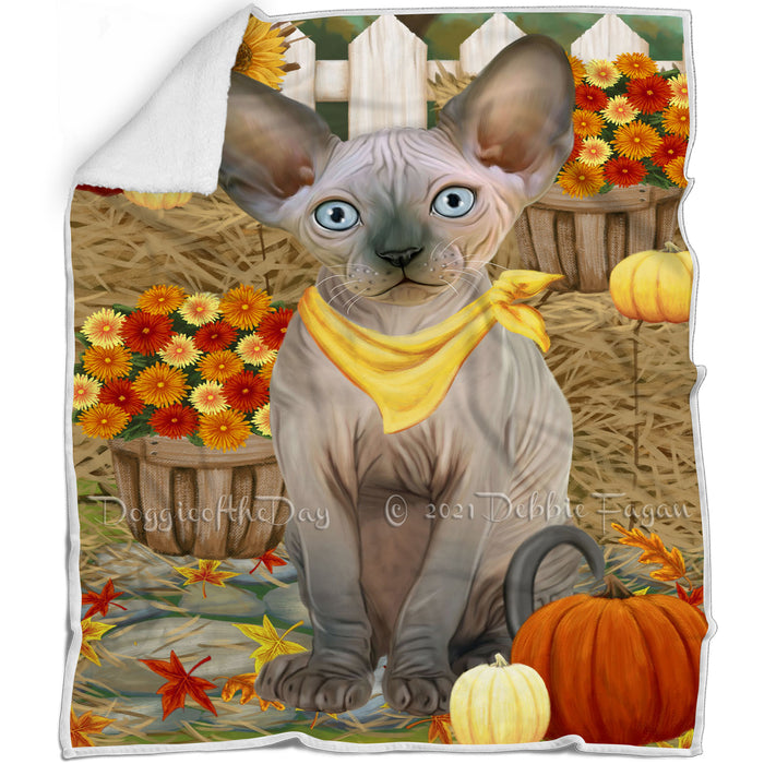 Fall Autumn Greeting Sphynx Cat with Pumpkins Blanket BLNKT87411