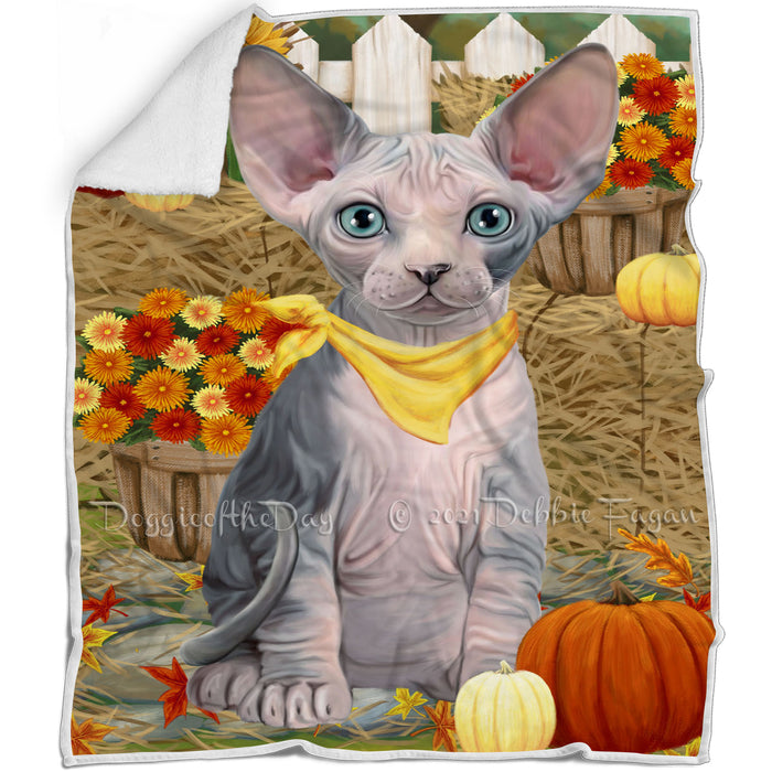 Fall Autumn Greeting Sphynx Cat with Pumpkins Blanket BLNKT87429