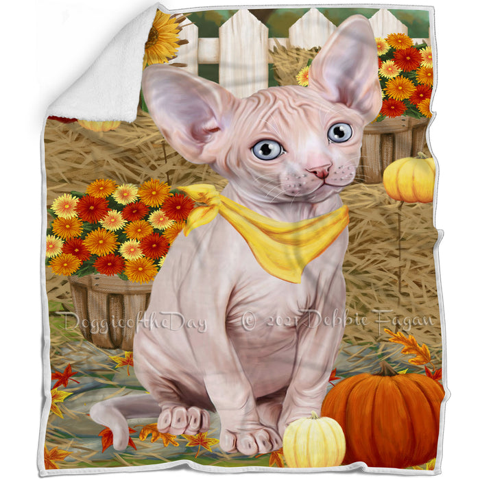 Fall Autumn Greeting Sphynx Cat with Pumpkins Blanket BLNKT87438