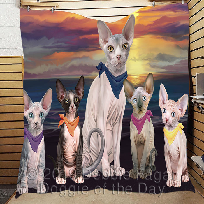 Family Sunset Portrait Sphynx Cats Quilt