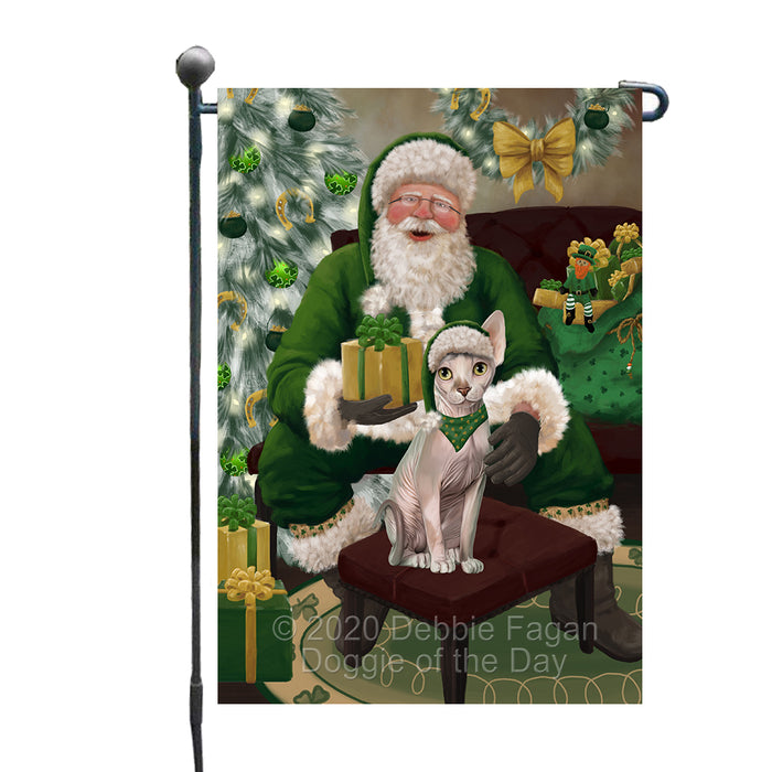 Christmas Irish Santa with Gift and Sphynx Cat Garden Flag GFLG66686
