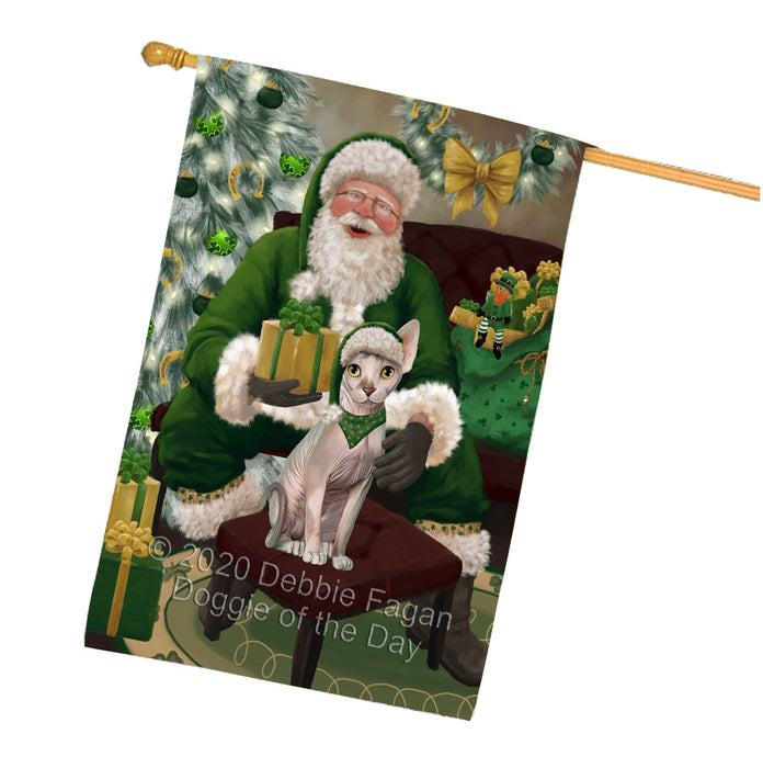 Christmas Irish Santa with Gift and Sphynx Cat House Flag FLG66742