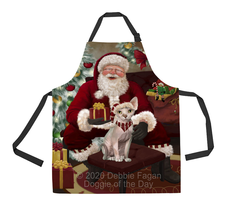 Santa's Christmas Surprise Sphynx Cat Apron - Adjustable Long Neck Bib for Adults - Waterproof Polyester Fabric With 2 Pockets - Chef Apron for Cooking, Dish Washing, Gardening, and Pet Grooming