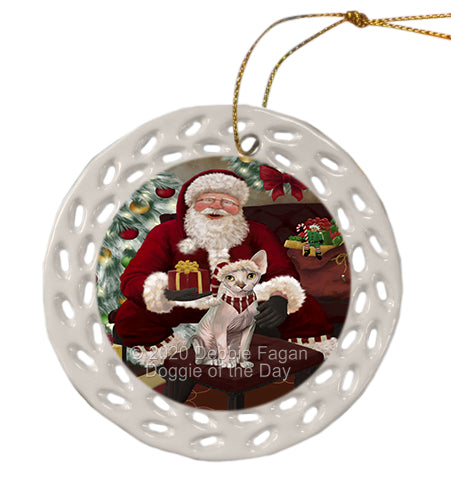 Santa's Christmas Surprise Sphynx Cat Doily Ornament DPOR59630