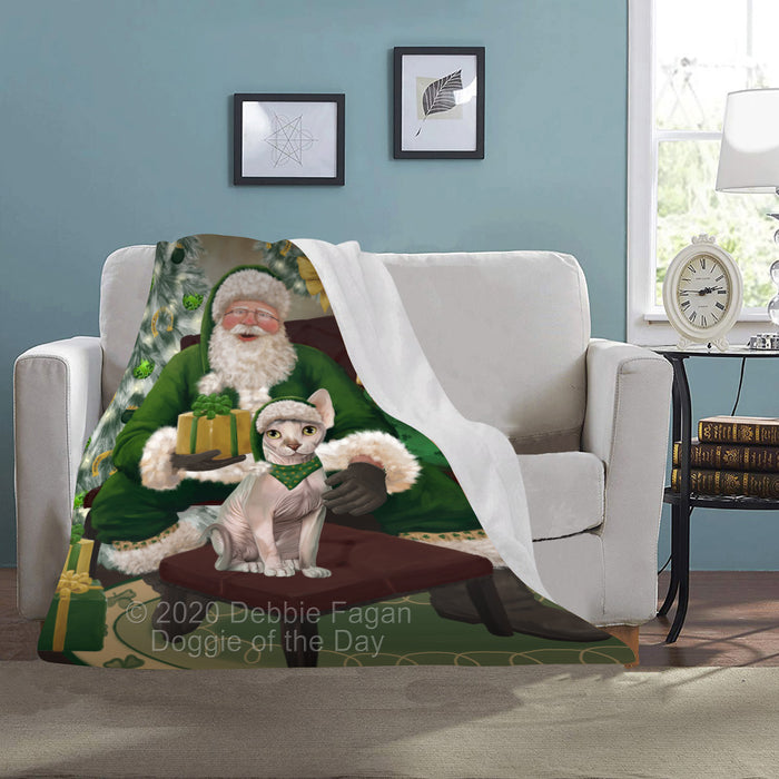 Christmas Irish Santa with Gift and Sphynx Cat Blanket BLNKT141558