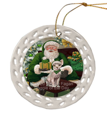 Christmas Irish Santa with Gift and Sphynx Cat Doily Ornament DPOR59532