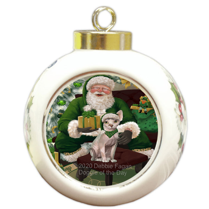 Christmas Irish Santa with Gift and Sphynx Cat Round Ball Christmas Ornament RBPOR57970