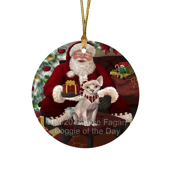 Santa's Christmas Surprise Sphynx Cat Round Flat Christmas Ornament RFPOR58068