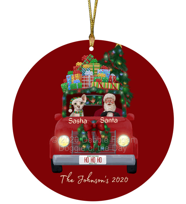 Personalized Christmas Honk Honk Red Truck Here Comes with Santa and Sphynx Cat Round Flat Ornament PRBPOR59120
