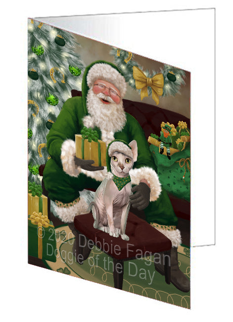 Christmas Irish Santa with Gift and Sphynx Cat Handmade Artwork Assorted Pets Greeting Cards and Note Cards with Envelopes for All Occasions and Holiday Seasons GCD75980