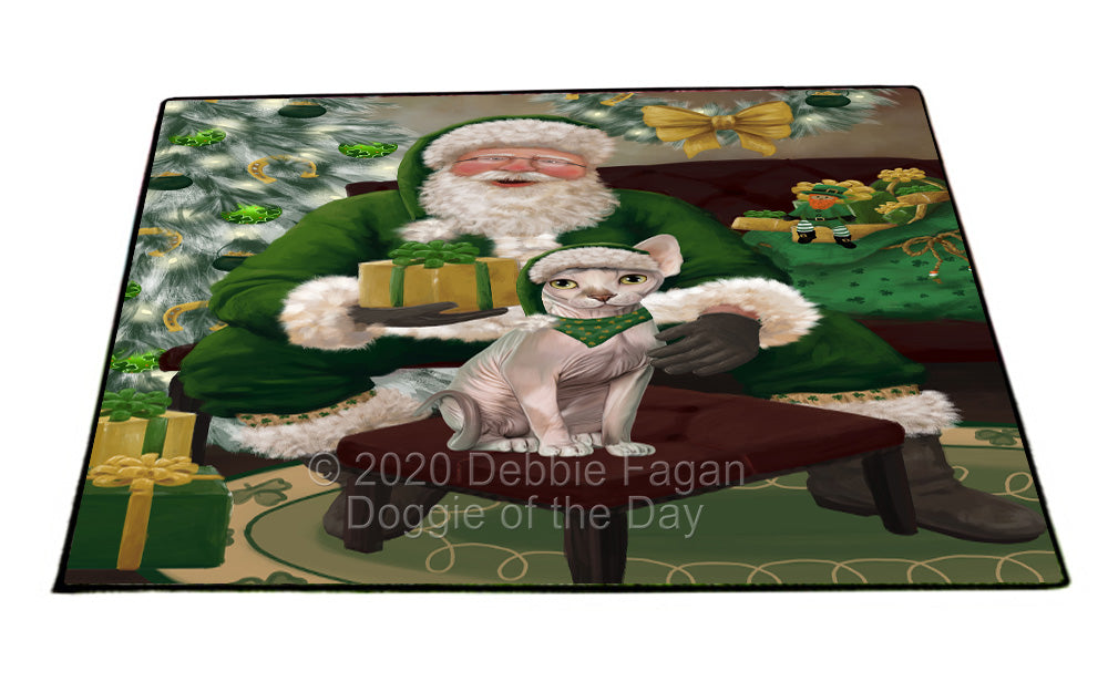 Christmas Irish Santa with Gift and Sphynx Cat Indoor/Outdoor Welcome Floormat - Premium Quality Washable Anti-Slip Doormat Rug FLMS57283