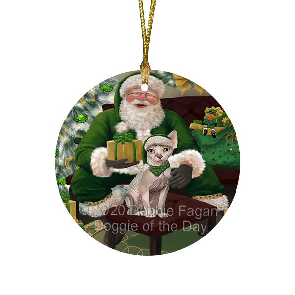 Christmas Irish Santa with Gift and Sphynx Cat Round Flat Christmas Ornament RFPOR57970