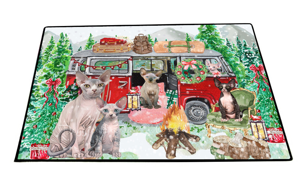 Christmas Time Camping with Sphynx Cats Floor Mat- Anti-Slip Pet Door Mat Indoor Outdoor Front Rug Mats for Home Outside Entrance Pets Portrait Unique Rug Washable Premium Quality Mat