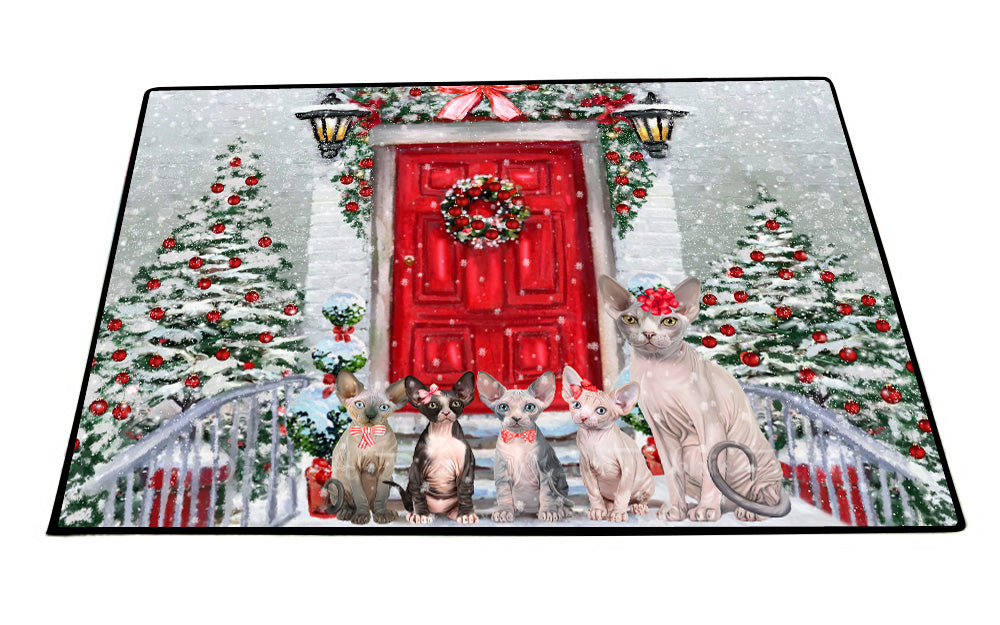 Christmas Holiday Welcome Sphynx Cats Floor Mat- Anti-Slip Pet Door Mat Indoor Outdoor Front Rug Mats for Home Outside Entrance Pets Portrait Unique Rug Washable Premium Quality Mat