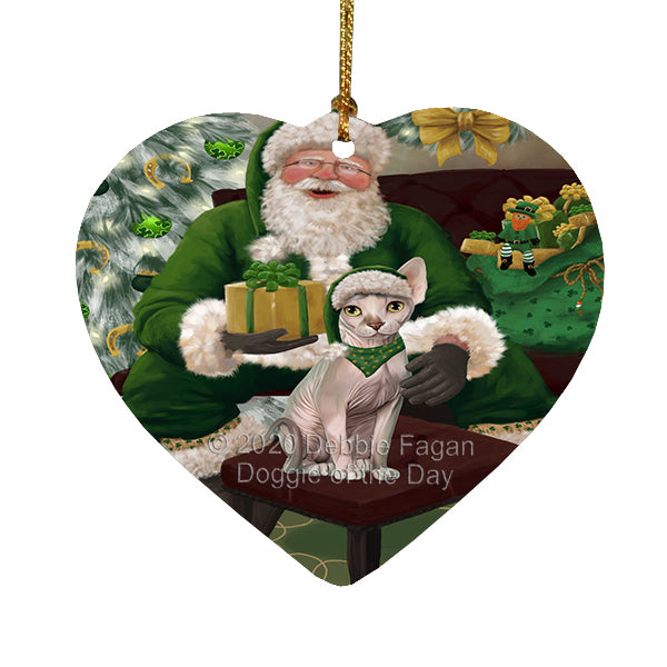 Christmas Irish Santa with Gift and Sphynx Cat Heart Christmas Ornament RFPOR58312