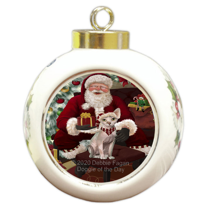 Santa's Christmas Surprise Sphynx Cat Round Ball Christmas Ornament RBPOR58068