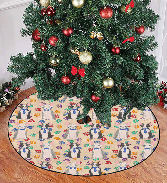 Rainbow Paw Print Sphynx Cats Blue Christmas Tree Skirt
