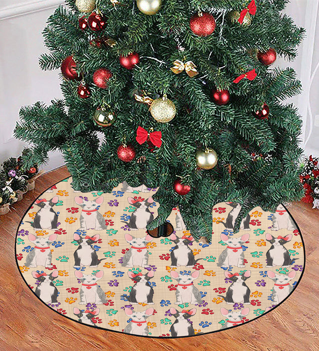 Rainbow Paw Print Sphynx Cats Red Christmas Tree Skirt